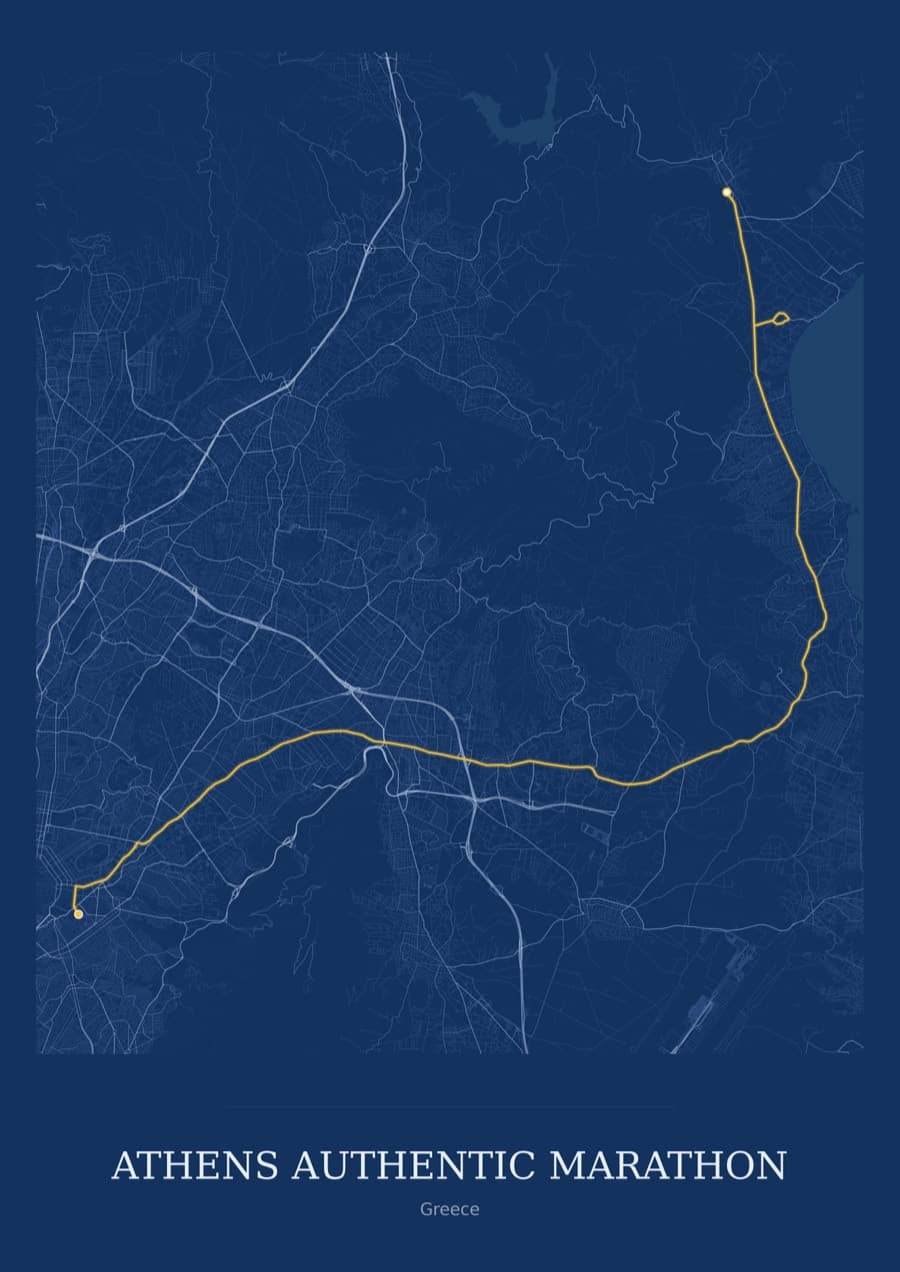 Athens Authentic Marathon — Blueprint · Full map palette poster