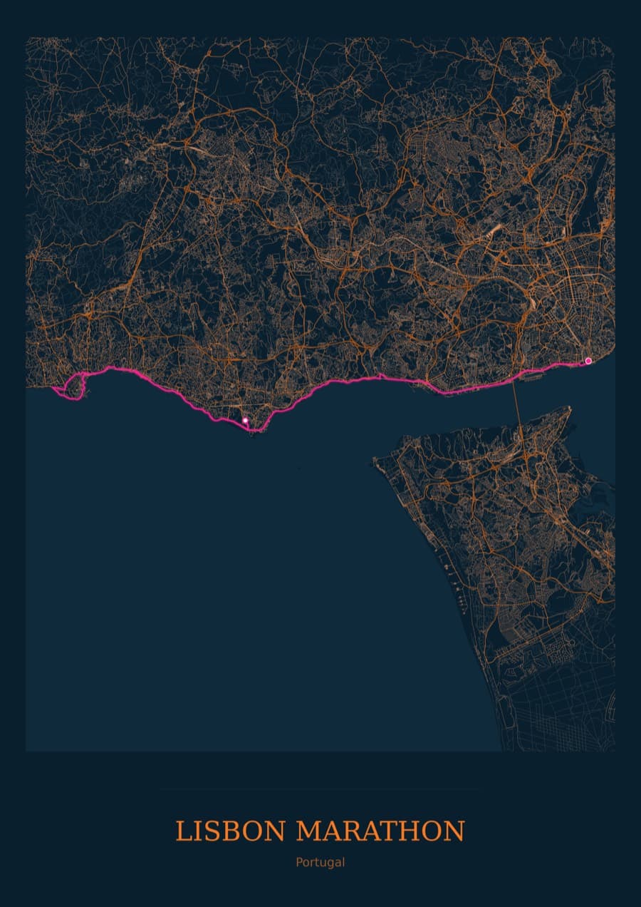 Lisbon Marathon — City Runner 2049 · Full map palette poster