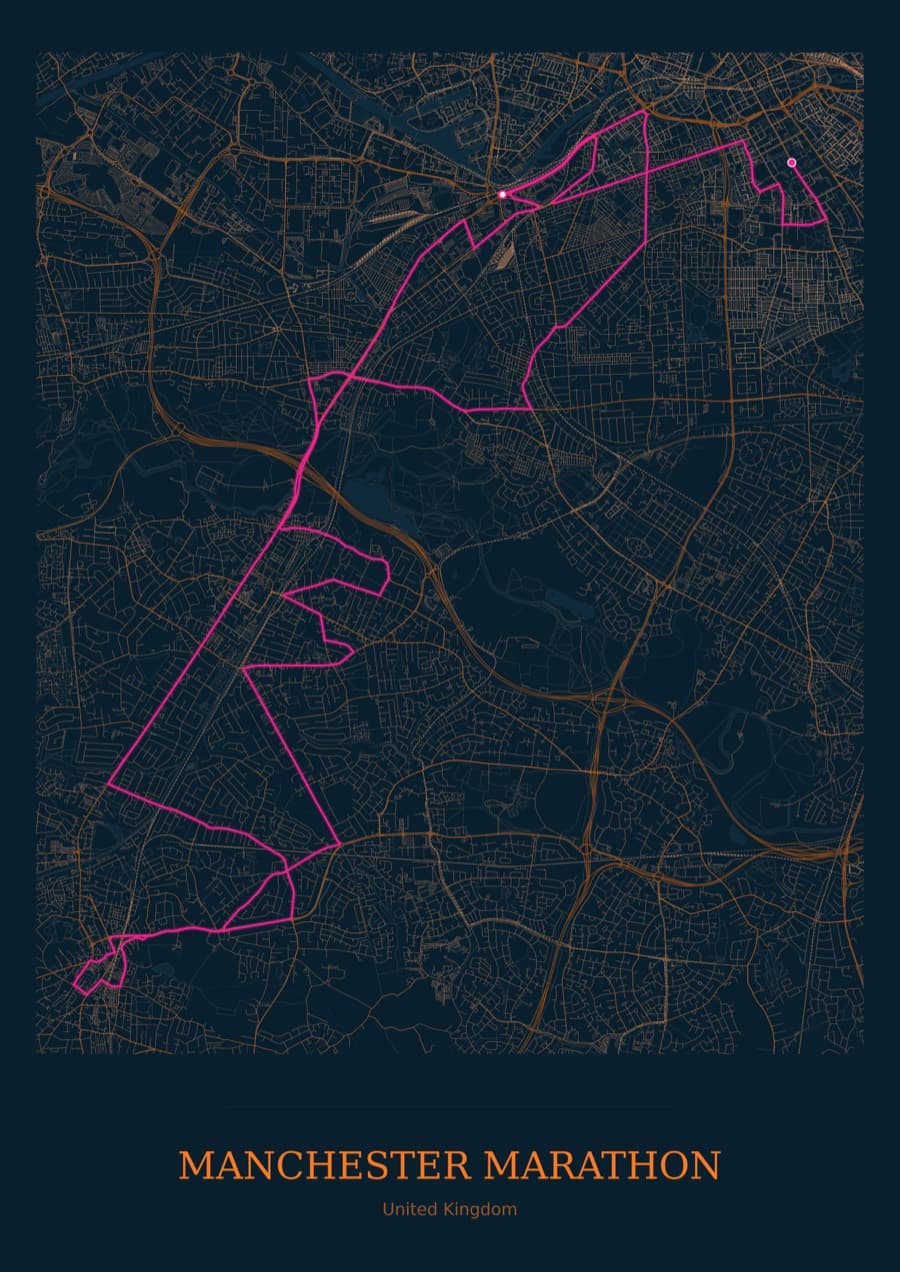 Manchester Marathon — City Runner 2049 · Full map palette poster